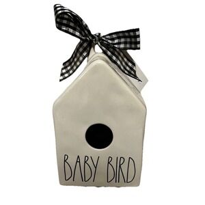 Rae Dunn Baby Bird Birdhouse White With black Letters Plaid Bow